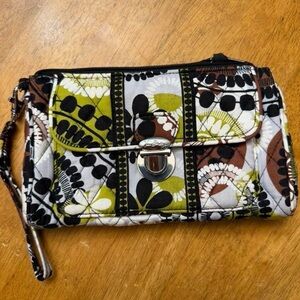 Vera Bradley Olive Green Brown Black Floral Quilted Wristlet